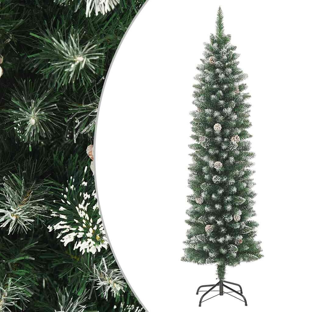 vidaXL Smalle Kunstkerstboom 180cm PVC met Dennenappels & Sneeuw - 60% Korting!