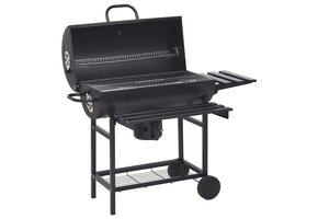 Grill beczkowy na węgiel z półkami i kółkami 115x85x95 cm stal czarny