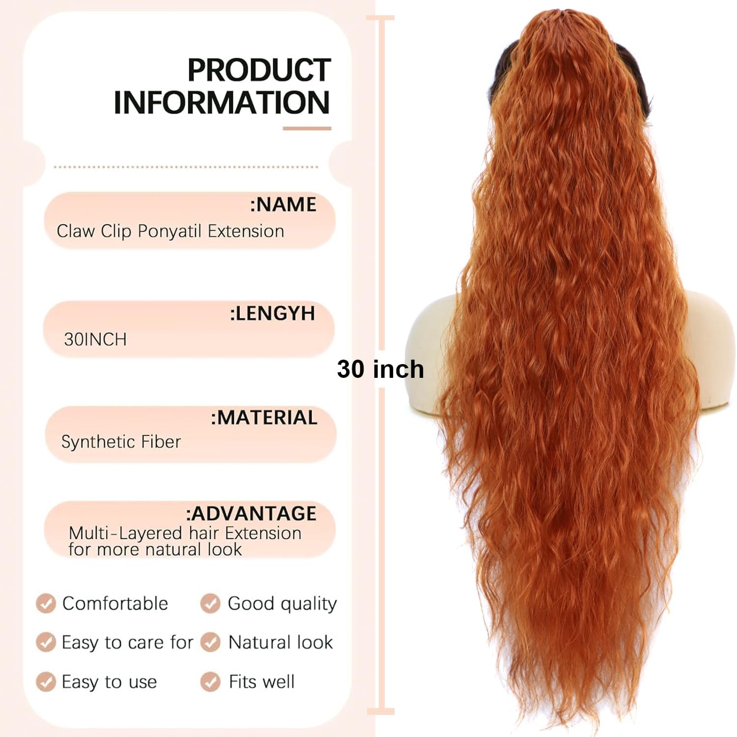 PORSMEER Clip-in Paardenstaart Haarstuk - Koper Rood (70cm) - 30% Korting