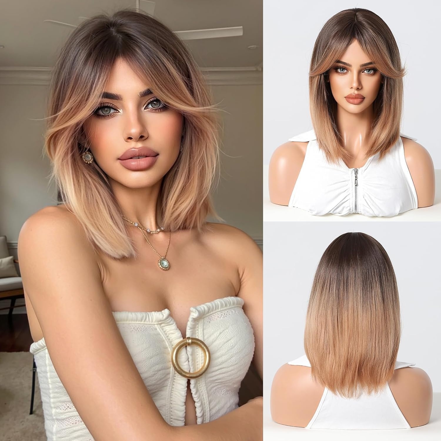 Esmee Ombre Blond Bob Pruik - Kort, Recht, Met Gordijn Pony - 30% Korting!