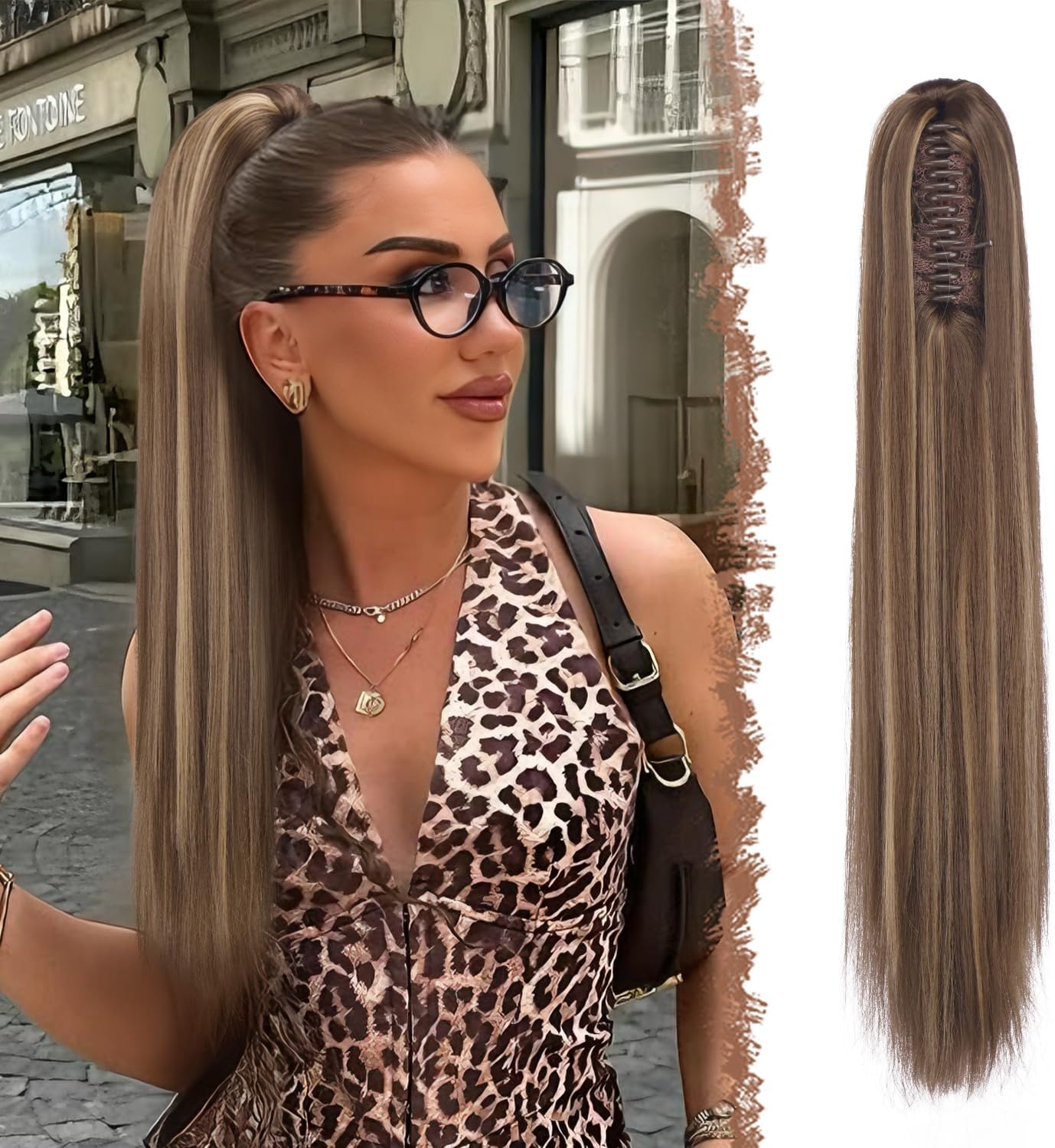 FESHFEN Paardenstaart Extension - 63cm Recht Honingblond/Bruin - 30% Korting!