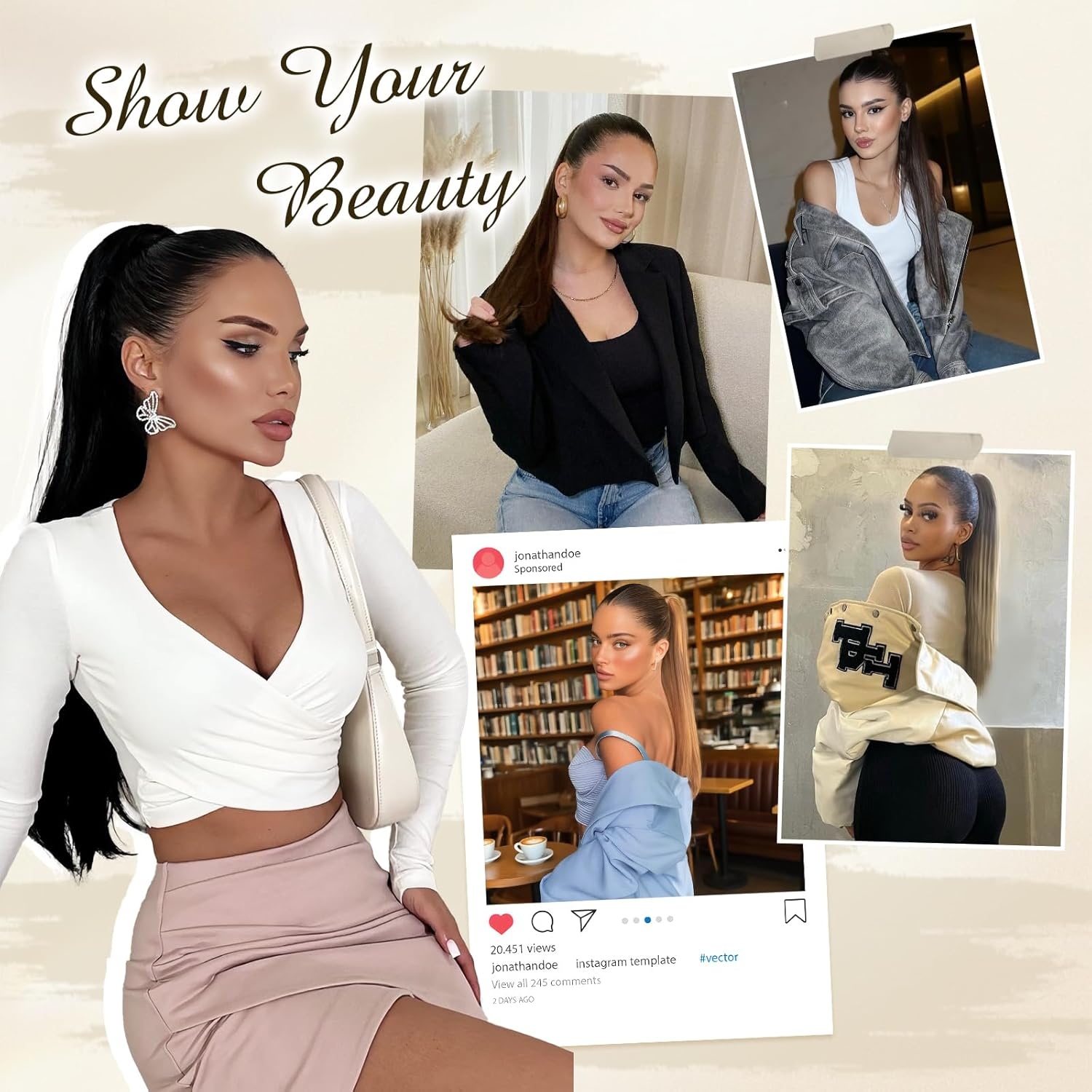 FESHFEN Paardenstaart Extension - 63cm Recht Honingblond/Bruin - 30% Korting!