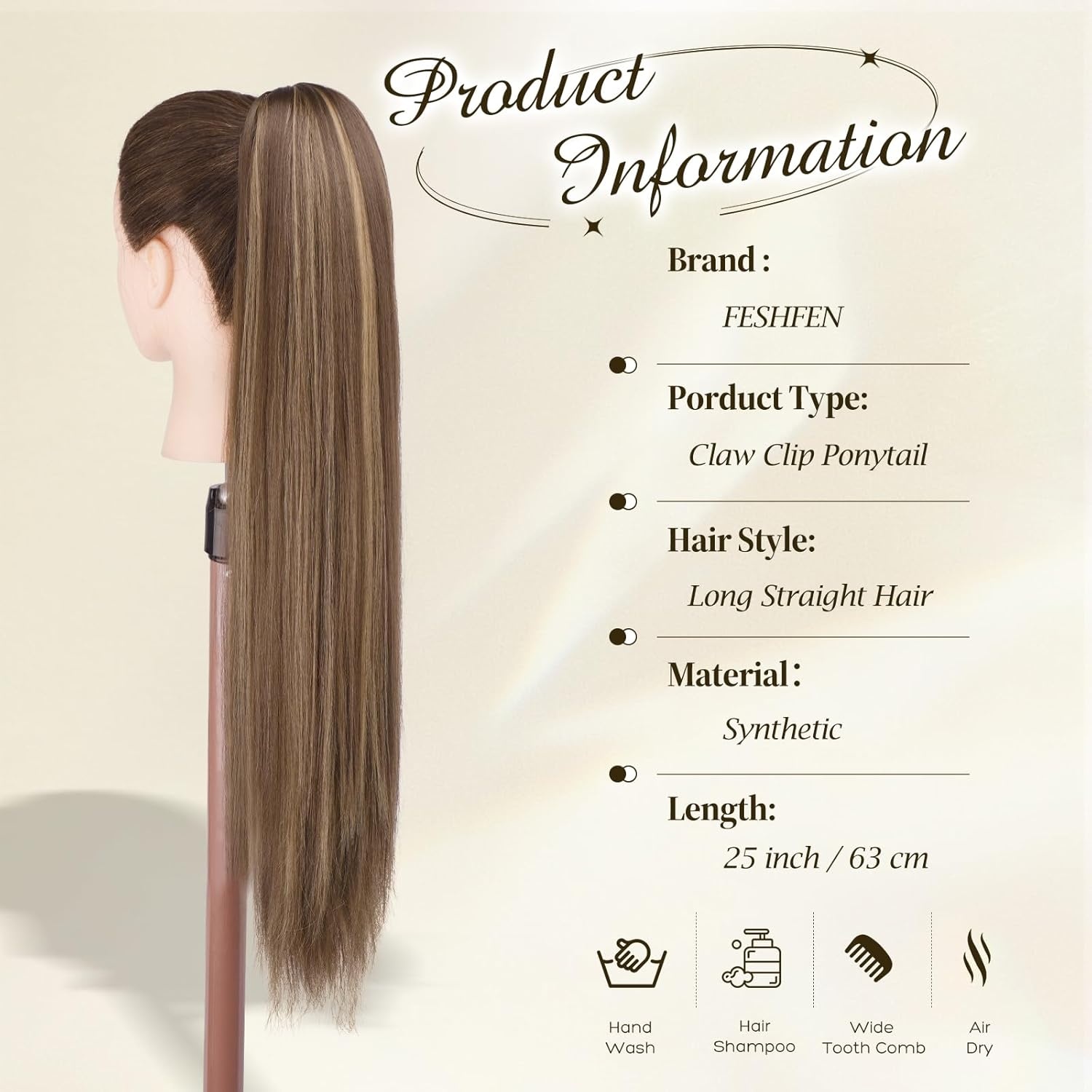 FESHFEN Paardenstaart Extension - 63cm Recht Honingblond/Bruin - 30% Korting!