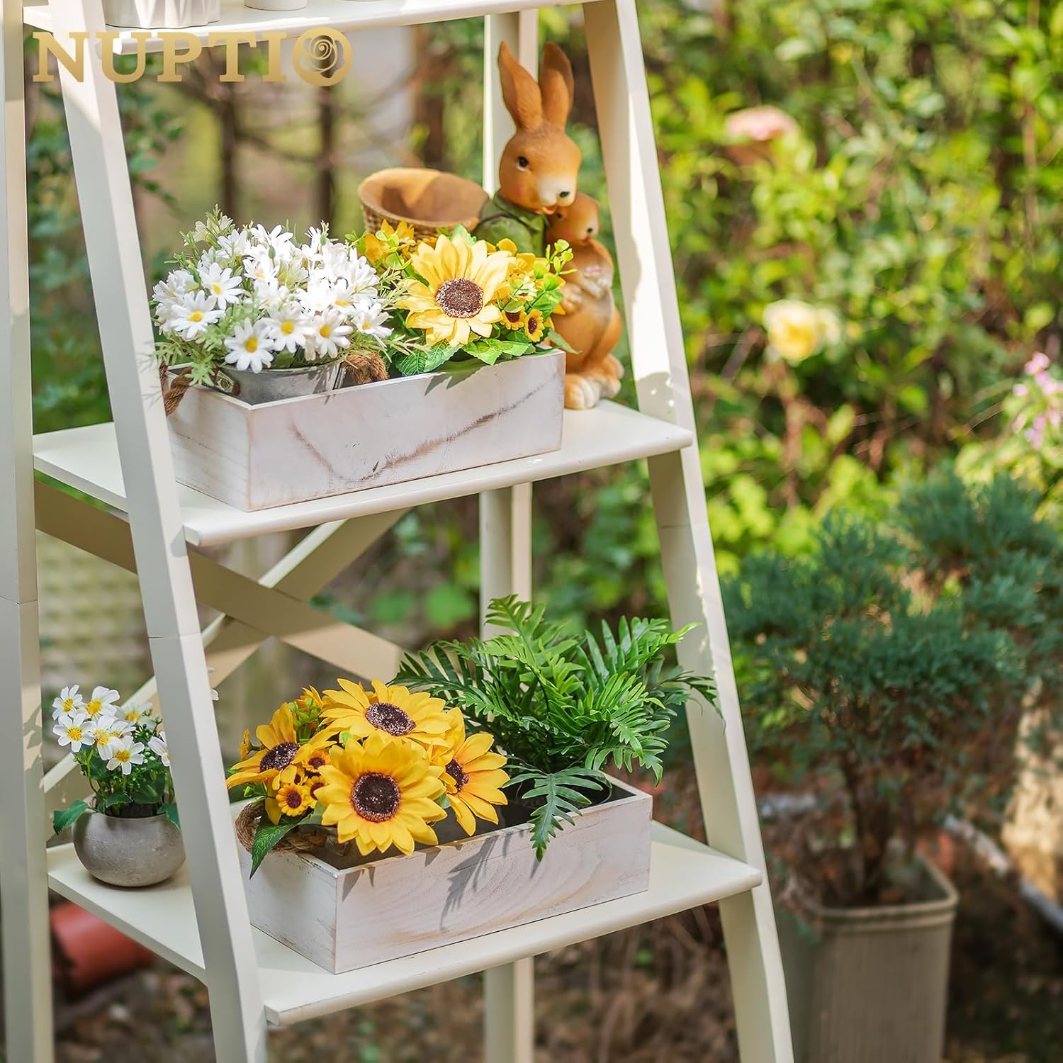 NUPTIO Houten Witte Vaas - Set van 2 | 30cm Vintage Bloemenbak - 30% Korting