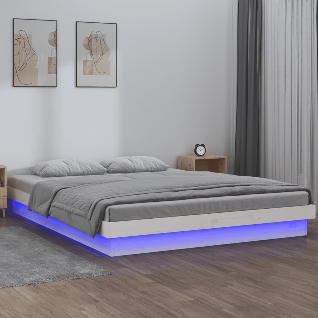 vidaXL Bedframe LED Massief Hout Wit - 140x190 cm | 76% Korting