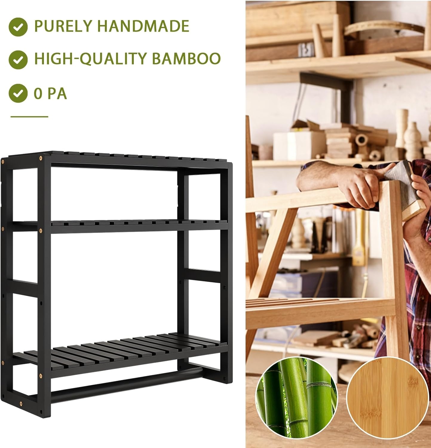 Bamworld Bathroom Shelf Storage Adjustable Bamboo shelf 3-Tiered Over Toilet Rack Bathroom Organizer for Space-Saving Wall Mount Stand Used in the Living Room (Black)