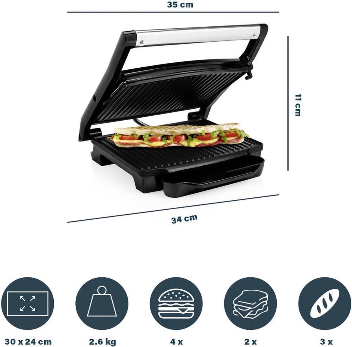 Princess Panini Grill Pro 112425 – Contactgrill groot 30 x 27cm - Tosti apparaat - Grill apparaat - Zwevend bovendeksel – Regelbare thermostaat - 2000W