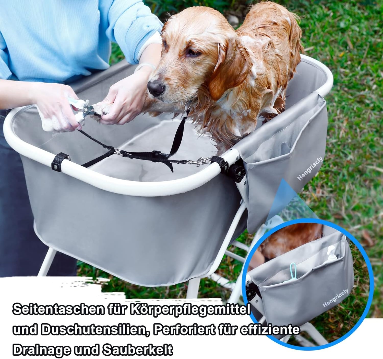 Hondenbad, verhoogd huisdierbad, in hoogte verstelbare huisdierverzorgingskuip, maximaal 65 kg, opvouwbaar en draagbaar, badkuip voor kleine tot middelgrote honden en katten, grijs