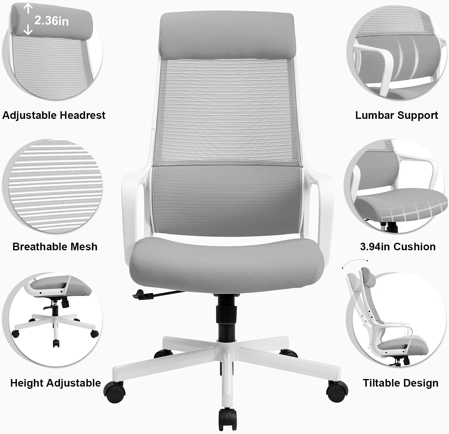 Ergonomische bureaustoel met verstelbare hoofdsteun, breed zitkussen, lendensteun, mesh, computerstoel, grijs