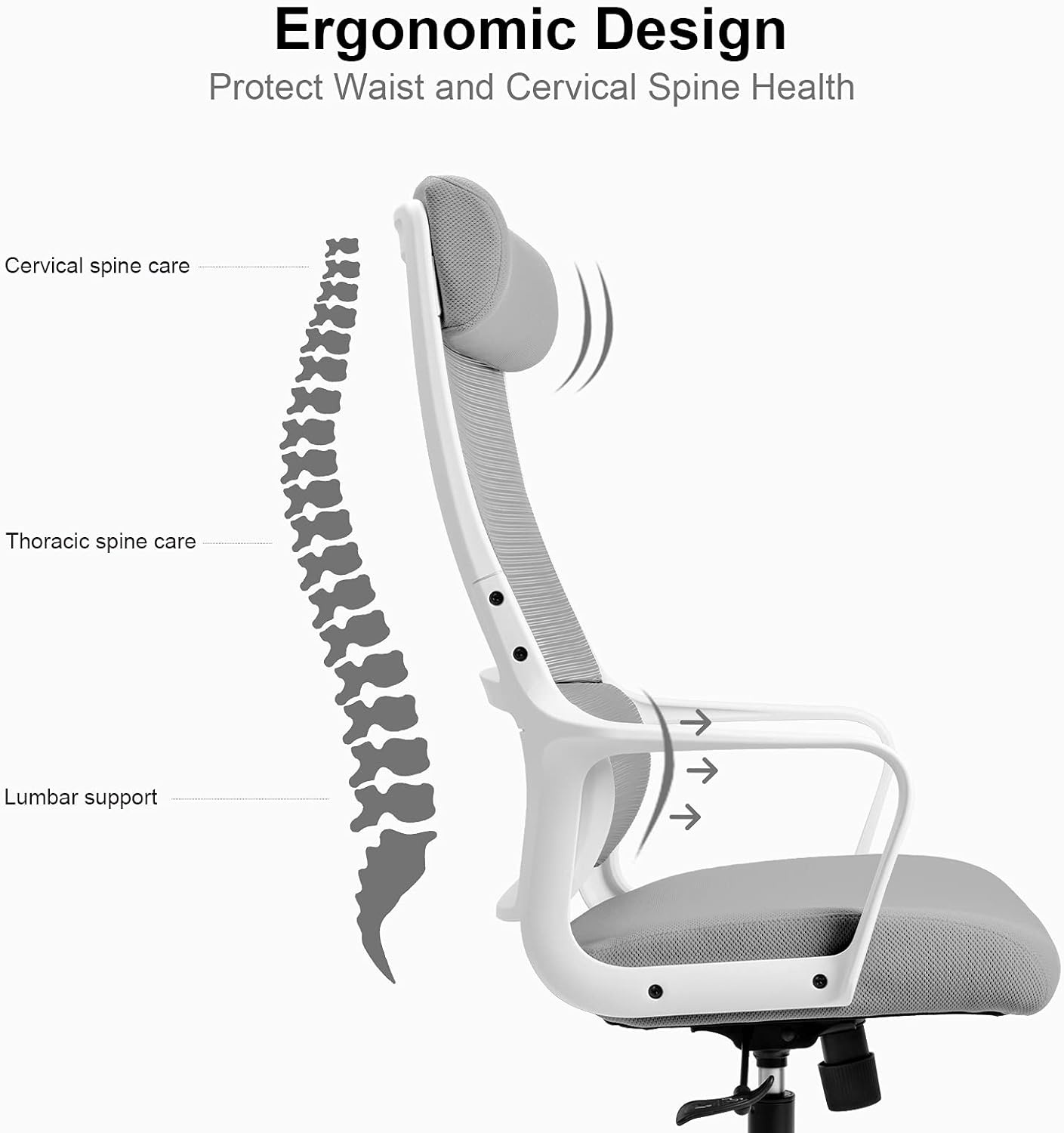 Ergonomische bureaustoel met verstelbare hoofdsteun, breed zitkussen, lendensteun, mesh, computerstoel, grijs