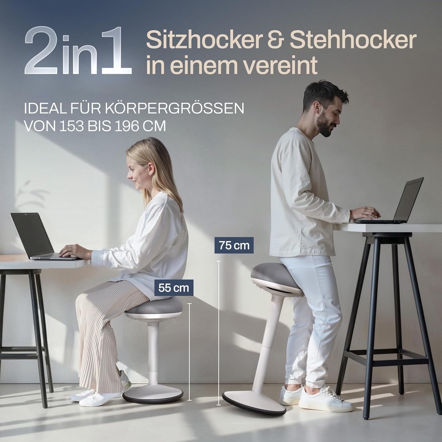 Bureaukruk ergonomisch [gecertificeerd], 2-in-1 kruk & staande kruk, in hoogte verstelbaar, ergonomische kruk voor kantoor en bureau, schommelkruk met zwaaieffect
