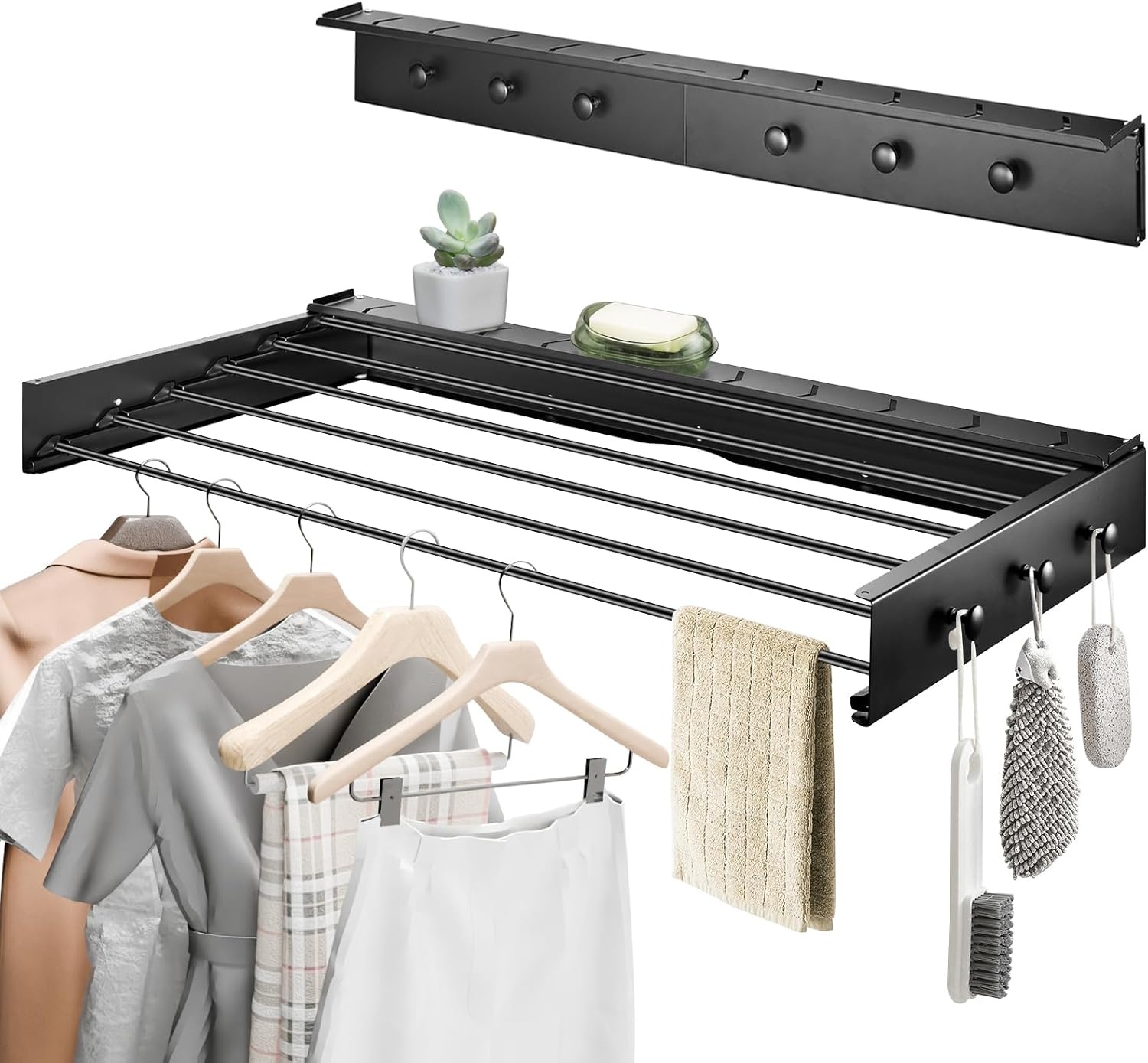 Donken Drying rack, wall mounted, wall dryer, 100 cm, clothes rack, pull out for bathroom, balcony, patio, wall dryer, ideal for indoor and outdoor use, space-saving (black, 100 cm)