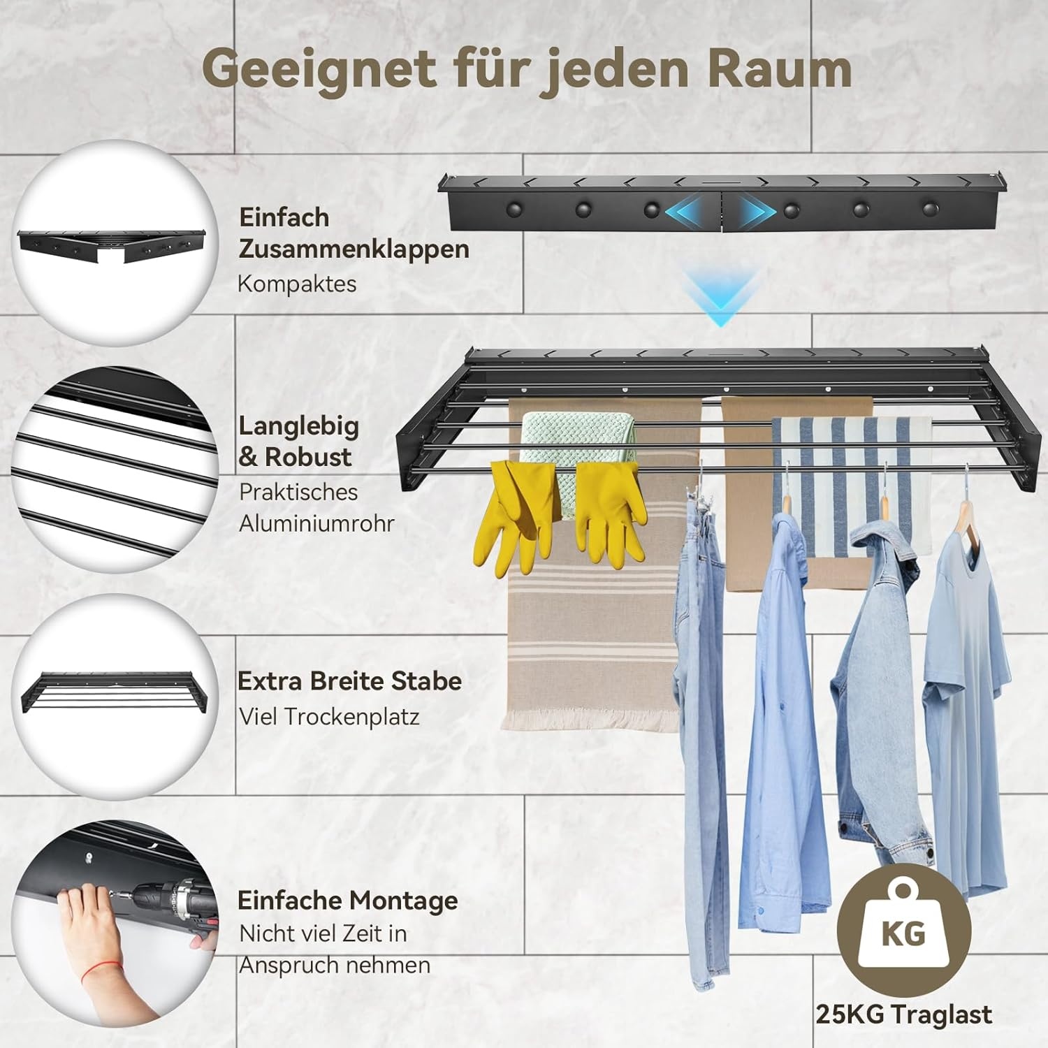 Donken Drying rack, wall mounted, wall dryer, 100 cm, clothes rack, pull out for bathroom, balcony, patio, wall dryer, ideal for indoor and outdoor use, space-saving (black, 100 cm)