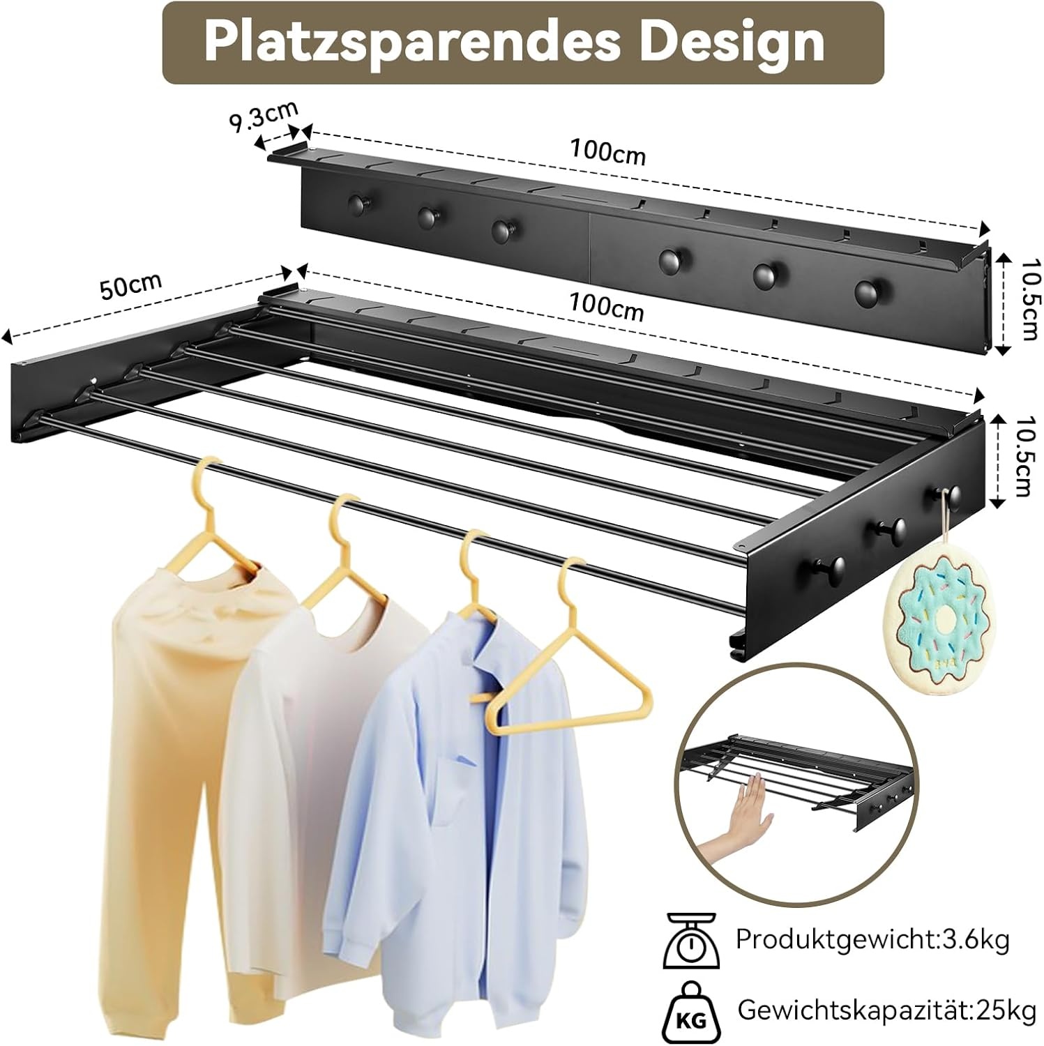 Donken Drying rack, wall mounted, wall dryer, 100 cm, clothes rack, pull out for bathroom, balcony, patio, wall dryer, ideal for indoor and outdoor use, space-saving (black, 100 cm)