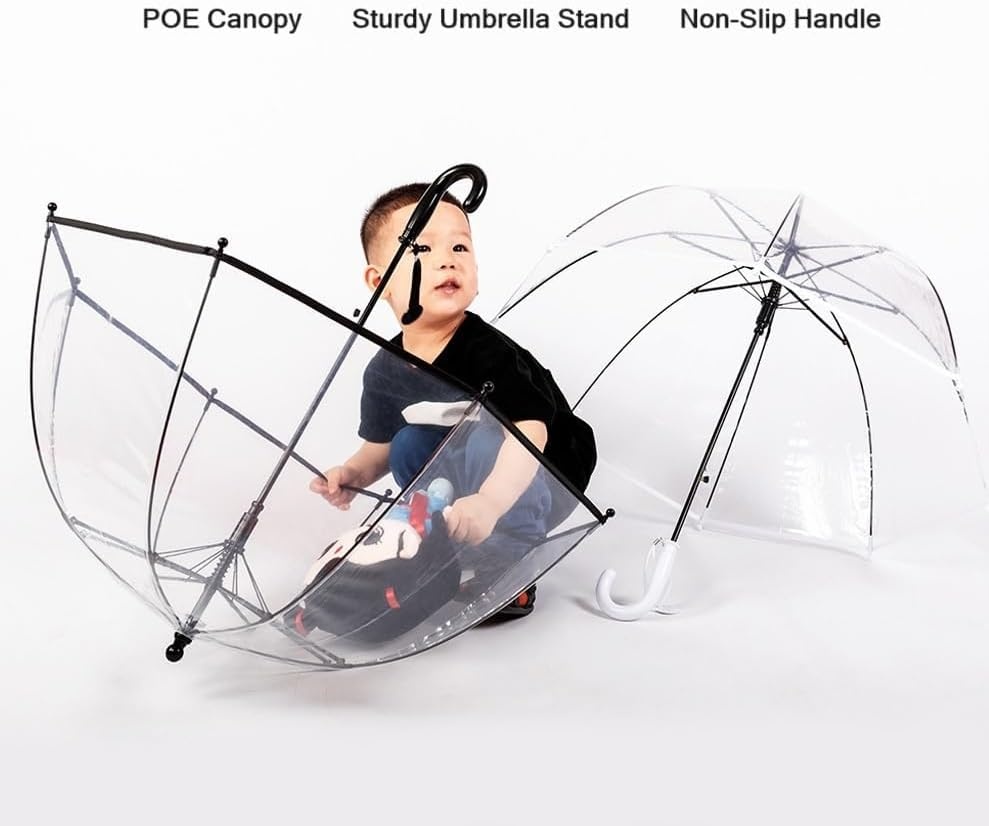 Transparante paraplu voor kinderen, winddicht, 8 echte vezelribben, gebogen handgreep, automatische opening en glasvezel, paraplu voor kinderen, jongens, meisjes, jongens, meisjes, Transparant, M