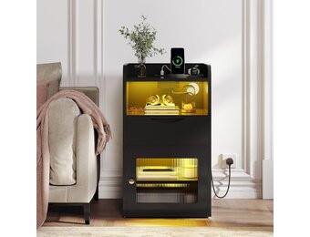 YITAHOME Nachtkastje met stopcontact, nachtkastje zwart met oplaadfunctie, bijzettafel met ledverlichting, lade, 1 AC-stopcontact, 2 USB-poorten, nachtkastje, woonkamer, slaapkamer, werkkamer