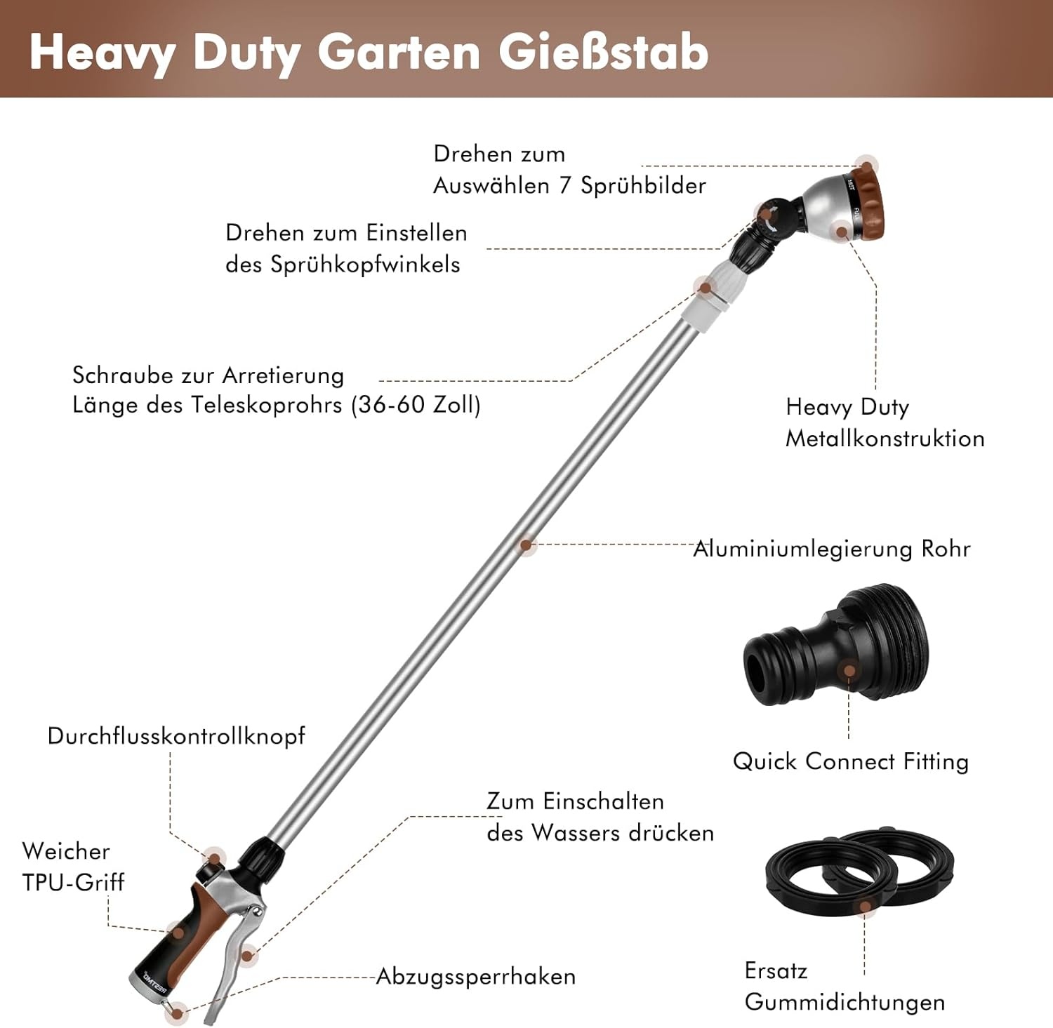 RESTMO Telescopische Tuinspuit 92-152 cm Metaal, Lange Tuinspuit met 180° Draaibare Kop, 7 Verstelbare Sproeimodussen voor Hangende Potten en Struiken, Bruin