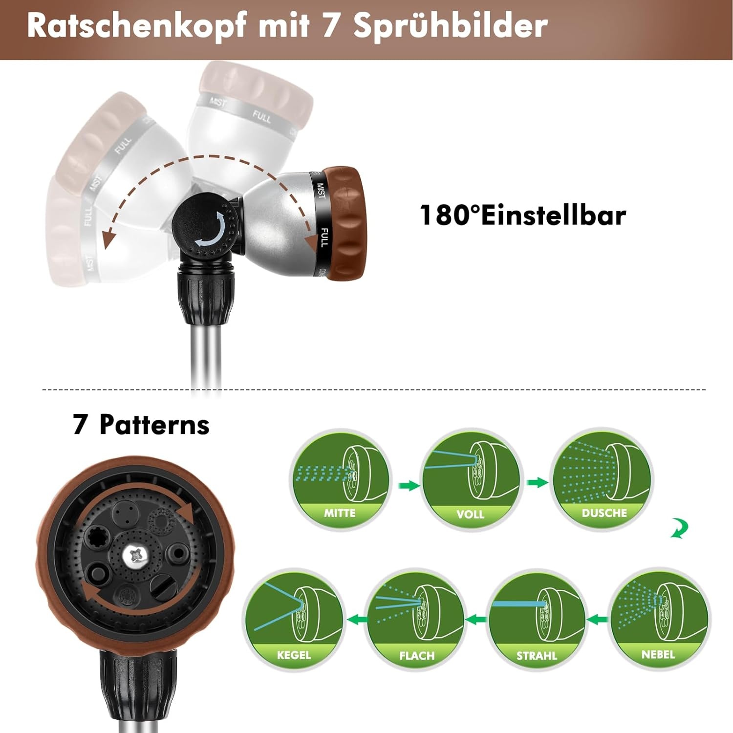 RESTMO Telescopische Tuinspuit 92-152 cm Metaal, Lange Tuinspuit met 180° Draaibare Kop, 7 Verstelbare Sproeimodussen voor Hangende Potten en Struiken, Bruin