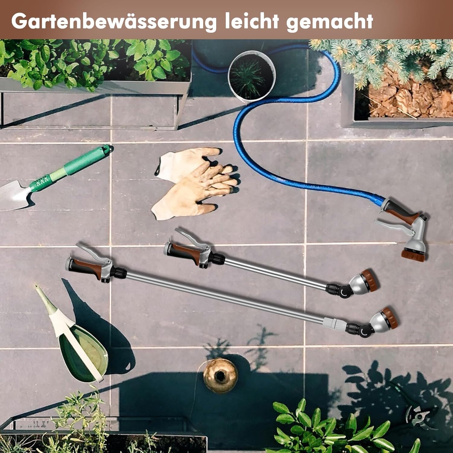 RESTMO Telescopische Tuinspuit 92-152 cm Metaal, Lange Tuinspuit met 180° Draaibare Kop, 7 Verstelbare Sproeimodussen voor Hangende Potten en Struiken, Bruin