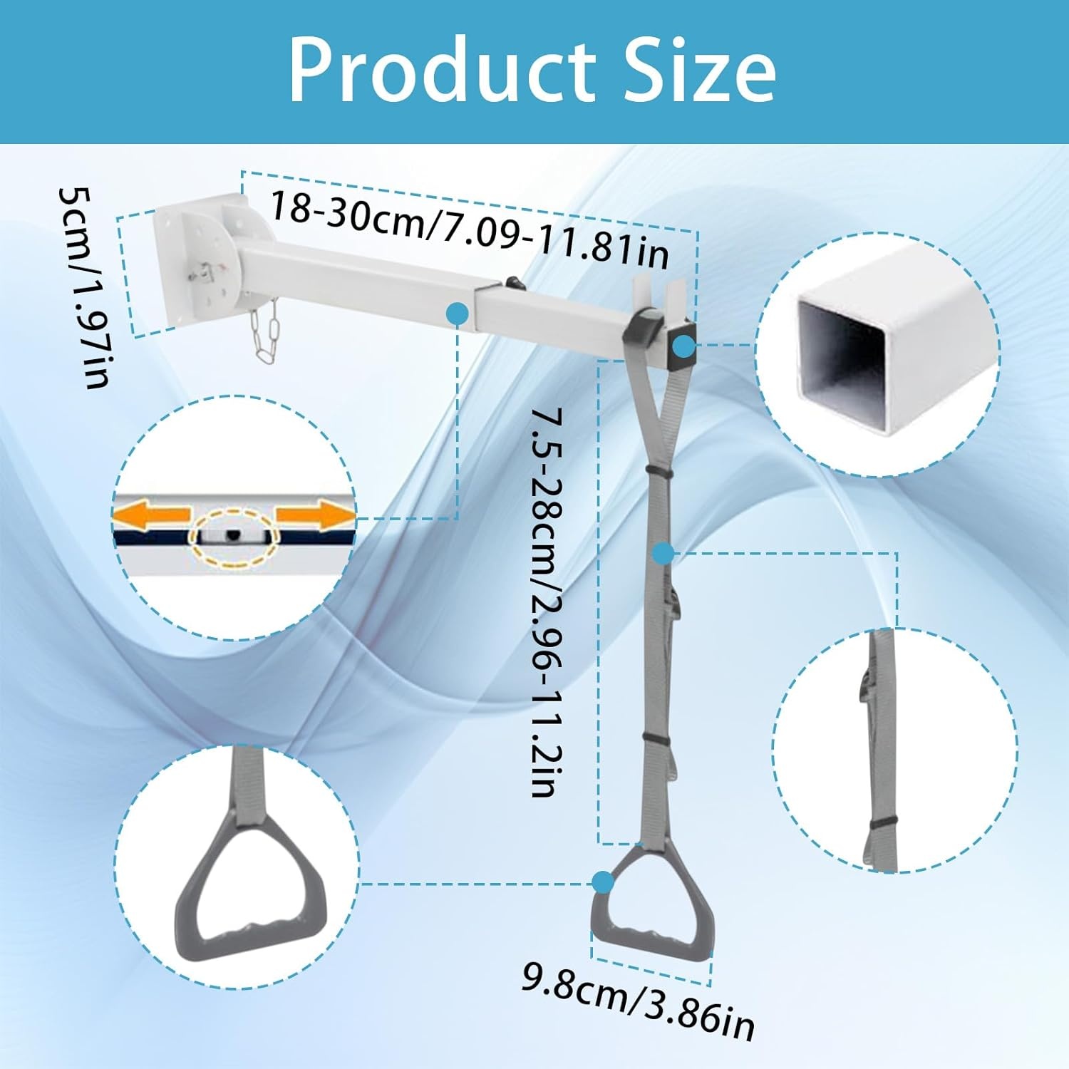 Trapeziumbed voor senioren, trapeziumbar voor bed, hulp mobiliteit, nachtkastje, pull-up bar, bed, steunstang, plafondmontage met verstelbare riem, opstahulp