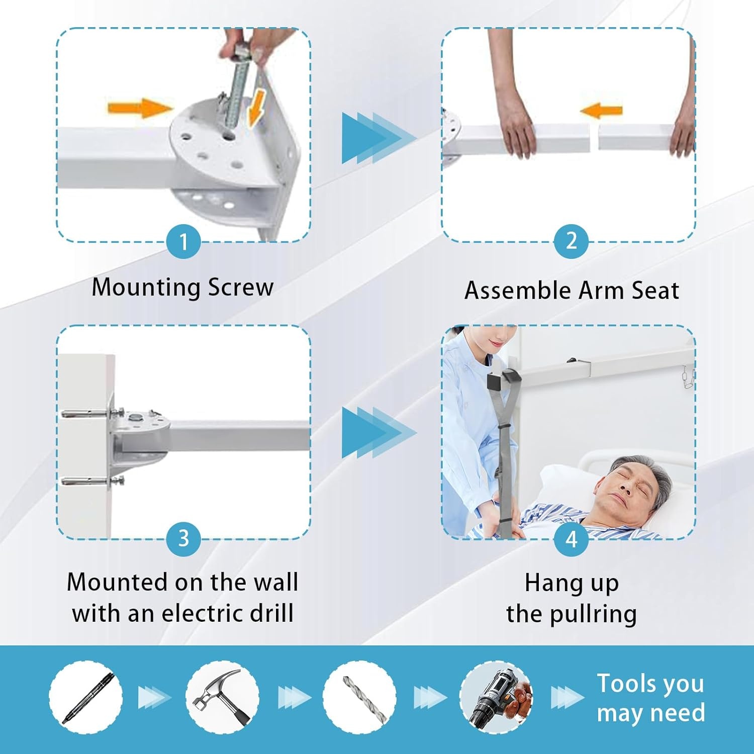 Trapeziumbed voor senioren, trapeziumbar voor bed, hulp mobiliteit, nachtkastje, pull-up bar, bed, steunstang, plafondmontage met verstelbare riem, opstahulp