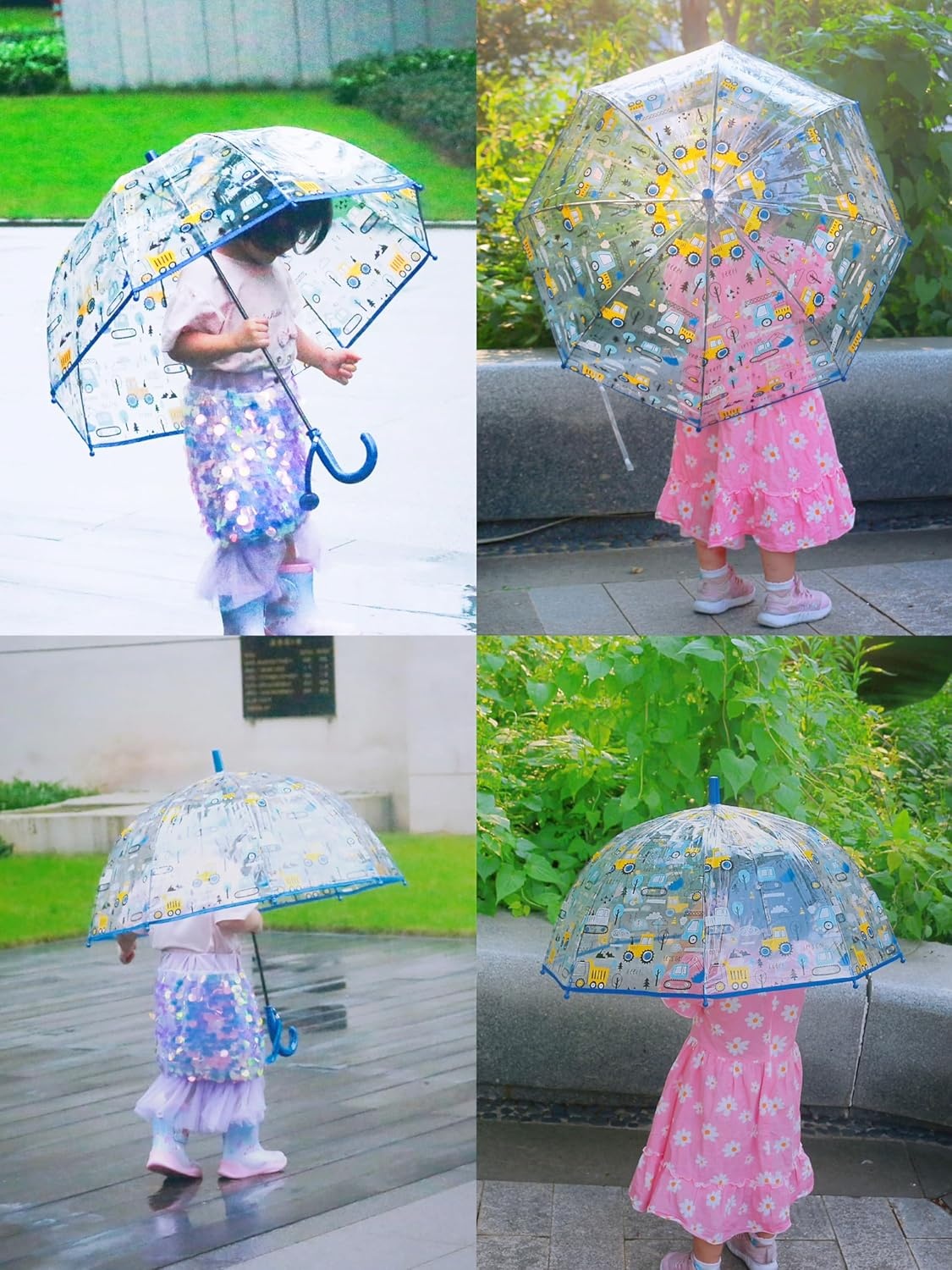 Children's Umbrella with Dome Roof, Lightweight, Cute Funny Design, Wind and Umbrella, Stick Umbrella in Bell Shape, Transparent, Gifts for Children
