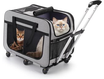 Extra groot huisdierendrager met dubbele compartimenten en afneembare wielen voor kat/hond, opvouwbare roldrager voor 2 katten, wandel- en kamperdrager, grijs