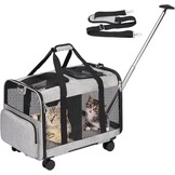 Extra groot huisdierendrager met dubbele compartimenten en afneembare wielen voor kat/hond, opvouwbare roldrager voor 2 katten, wandel- en kamperdrager, grijs