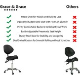 Grace&Grace Saddle Stool with Back Support Massage Swivel Chair for Beauty Tattoo Lash Clinic Dentist Spa Salons Studio,Adjustable Rolling Stool on Wheels(With Backrest, Black)
