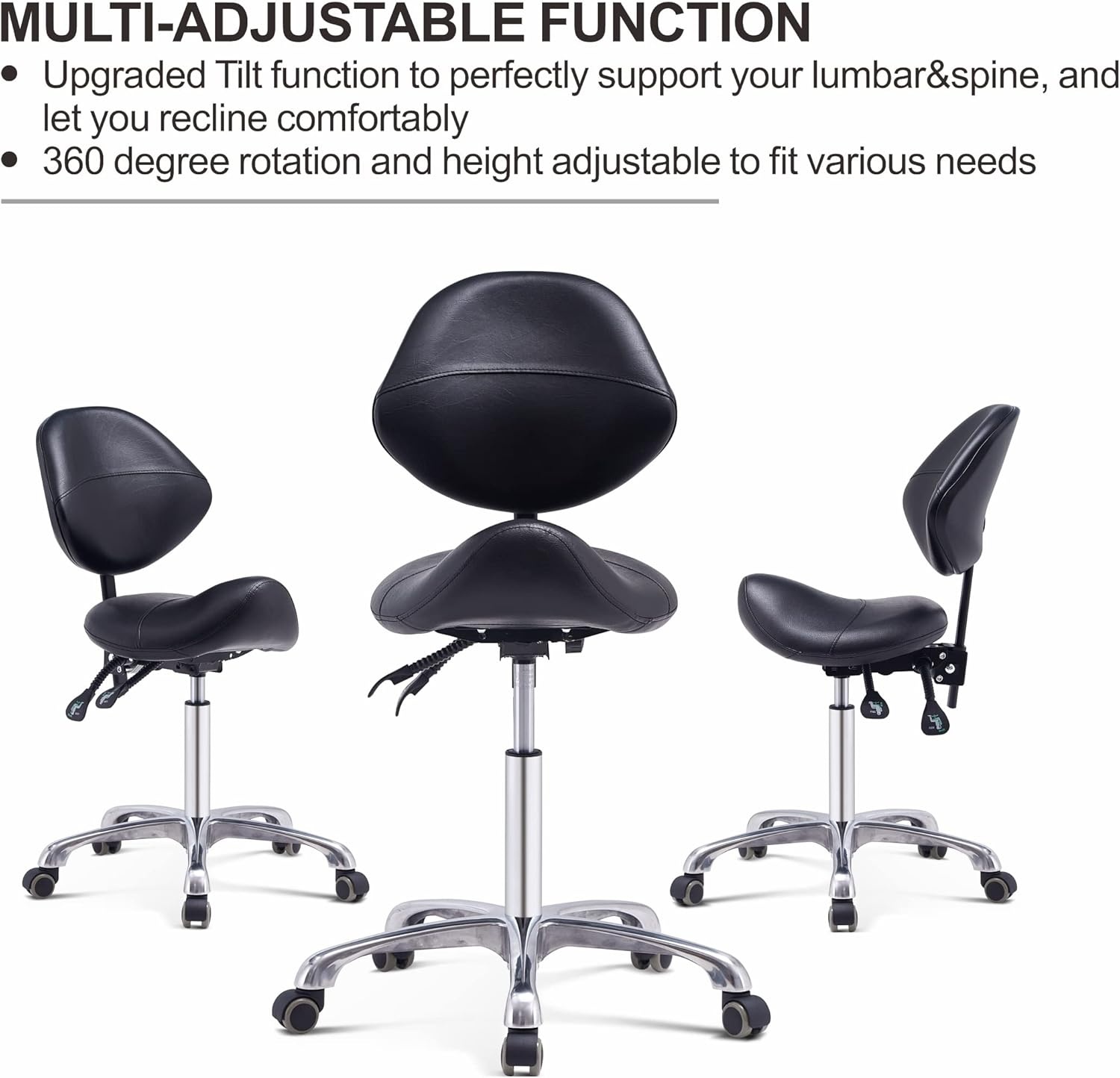 Grace&Grace Saddle Stool with Back Support Massage Swivel Chair for Beauty Tattoo Lash Clinic Dentist Spa Salons Studio,Adjustable Rolling Stool on Wheels(With Backrest, Black)