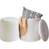 IBUYKE Set van 2 ronde Ottomaanse met opslag, fleece Ottomaanse opbergdoos, opbergpoef bijzettafel salontafel, multifunctionele voetensteun kruk voor woonkamer en slaapkamer, wit WBD015W