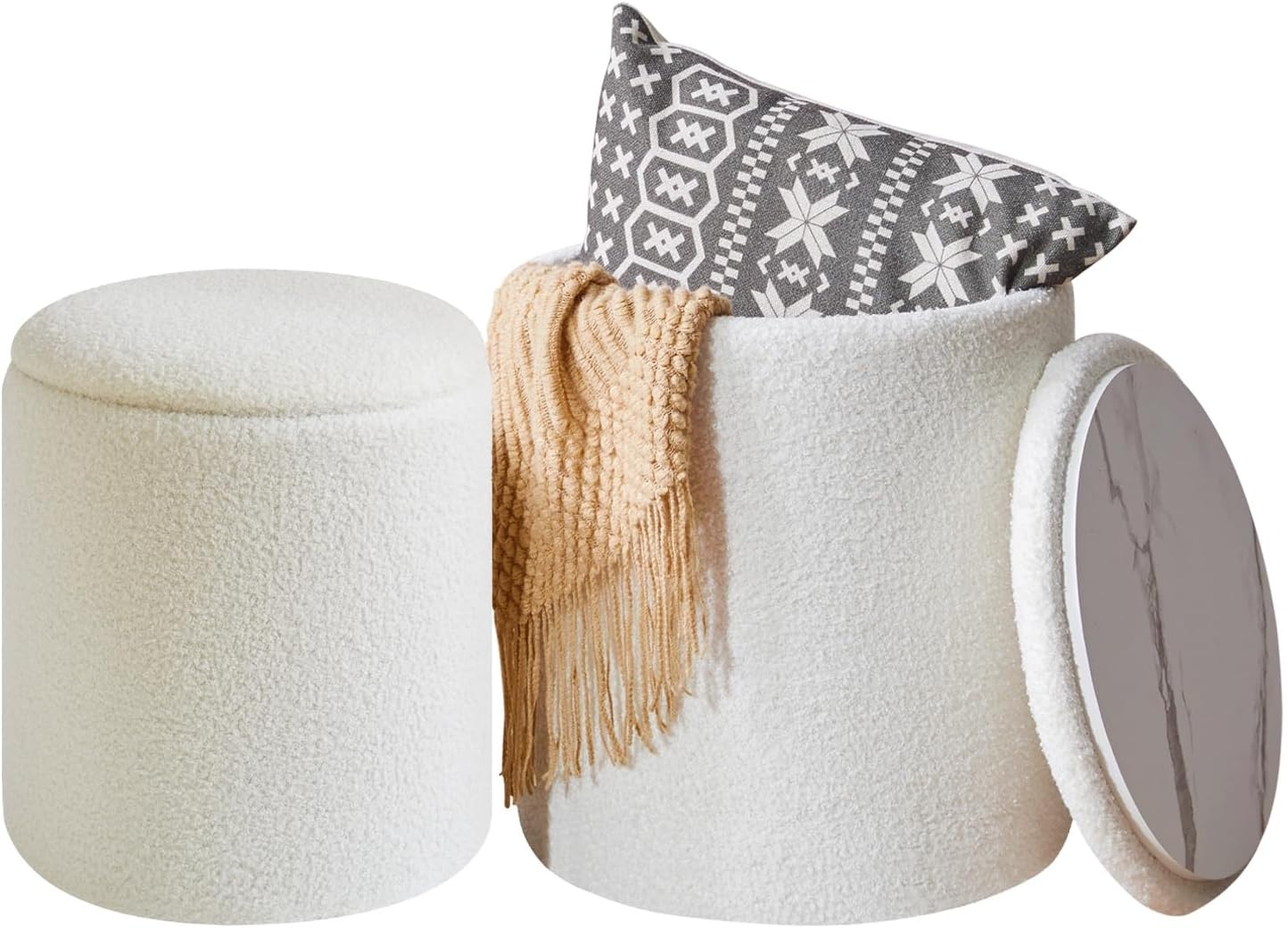 IBUYKE Set van 2 ronde Ottomaanse met opslag, fleece Ottomaanse opbergdoos, opbergpoef bijzettafel salontafel, multifunctionele voetensteun kruk voor woonkamer en slaapkamer, wit WBD015W
