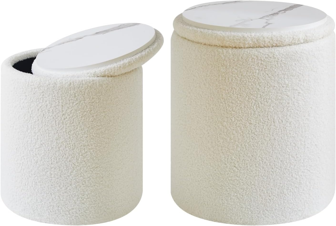 IBUYKE Set van 2 ronde Ottomaanse met opslag, fleece Ottomaanse opbergdoos, opbergpoef bijzettafel salontafel, multifunctionele voetensteun kruk voor woonkamer en slaapkamer, wit WBD015W