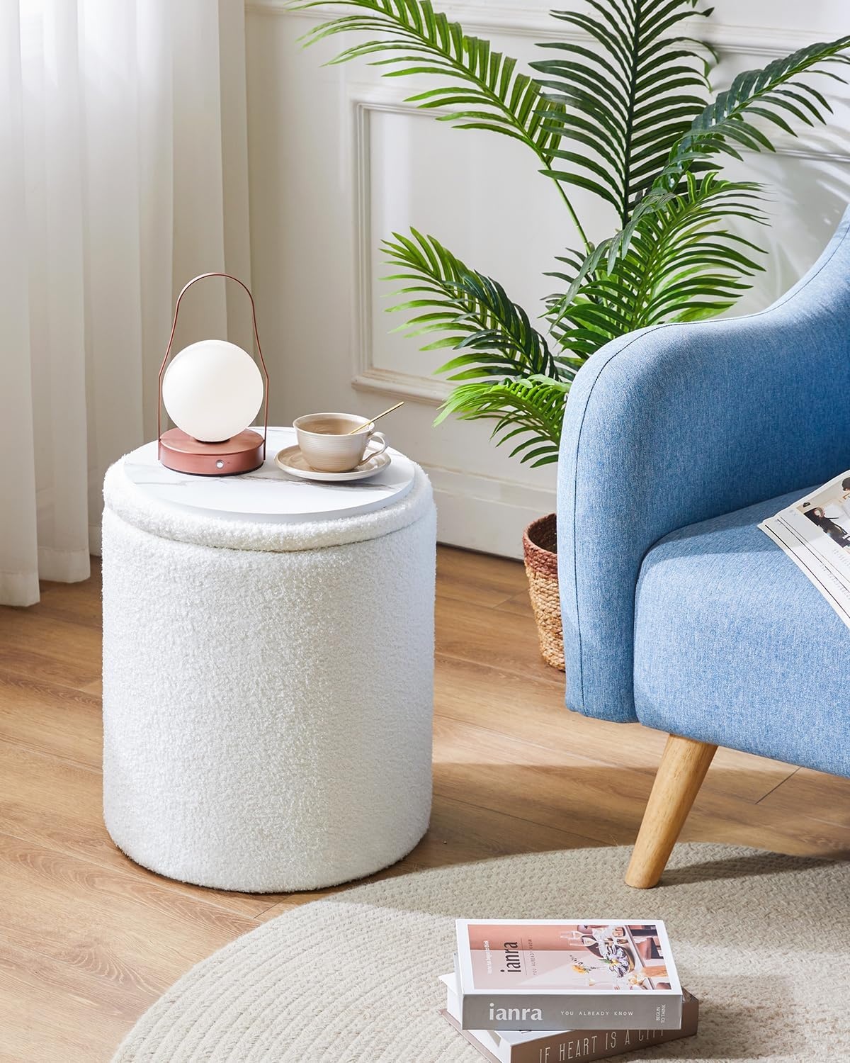 IBUYKE Set van 2 ronde Ottomaanse met opslag, fleece Ottomaanse opbergdoos, opbergpoef bijzettafel salontafel, multifunctionele voetensteun kruk voor woonkamer en slaapkamer, wit WBD015W