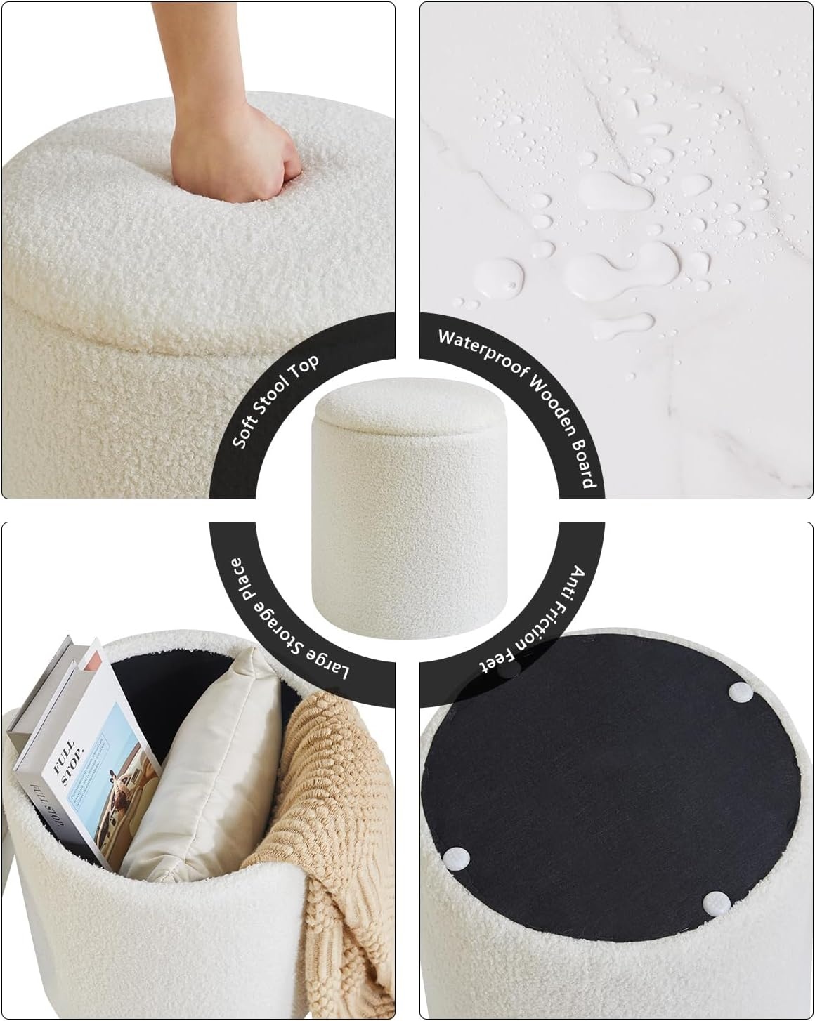 IBUYKE Set van 2 ronde Ottomaanse met opslag, fleece Ottomaanse opbergdoos, opbergpoef bijzettafel salontafel, multifunctionele voetensteun kruk voor woonkamer en slaapkamer, wit WBD015W