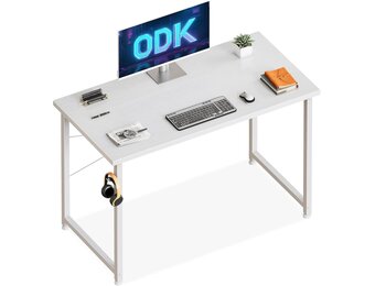 ODK Small Computer Desk White 100 x 48 x 74 cm With Headphone Holder and Storage Bag - Wooden PC Table for Home, Office
