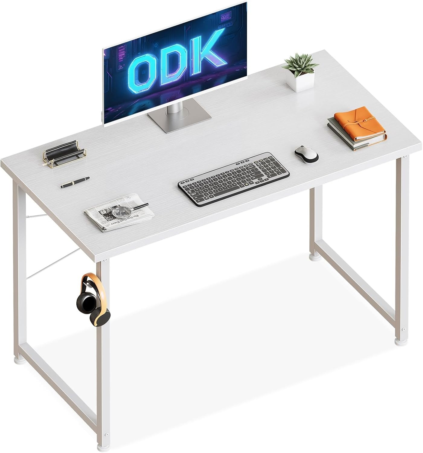 ODK Small Computer Desk White 100 x 48 x 74 cm With Headphone Holder and Storage Bag - Wooden PC Table for Home, Office