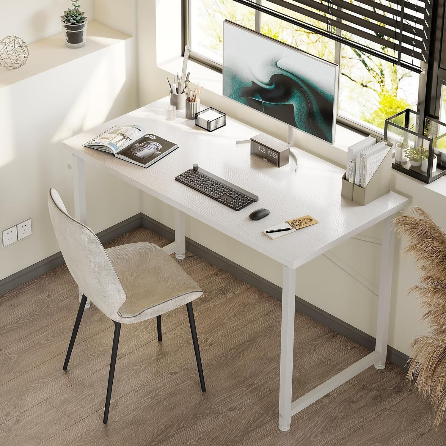 ODK Small Computer Desk White 100 x 48 x 74 cm With Headphone Holder and Storage Bag - Wooden PC Table for Home, Office