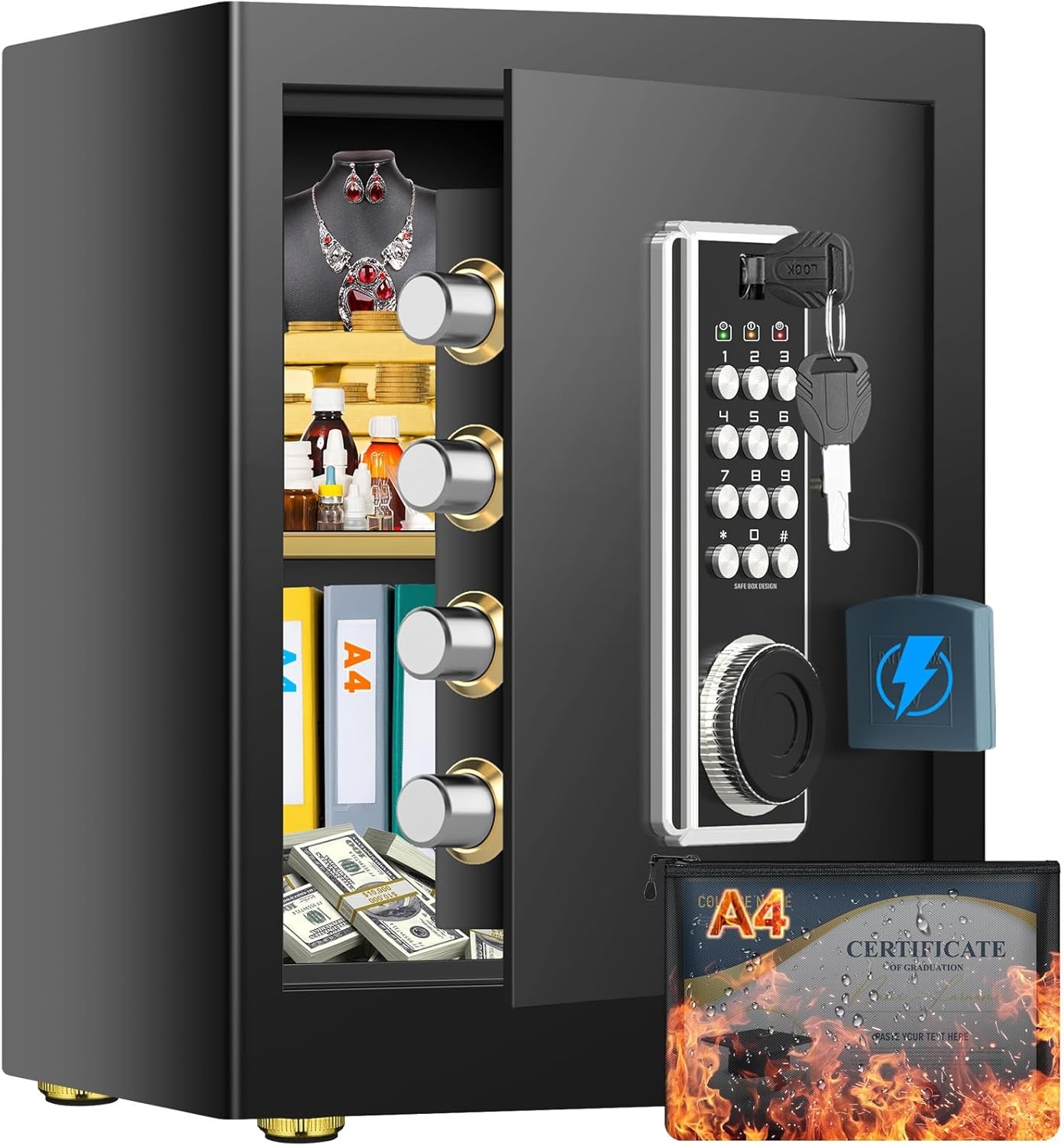 Grote vuurvaste kluis van 45 liter, met brandveilige documententas, digitale meubelkluis met 2 sleutels en uitneembaar rek, elektronische kluis voor DIN A4-ordners, contant geld, medicijnen