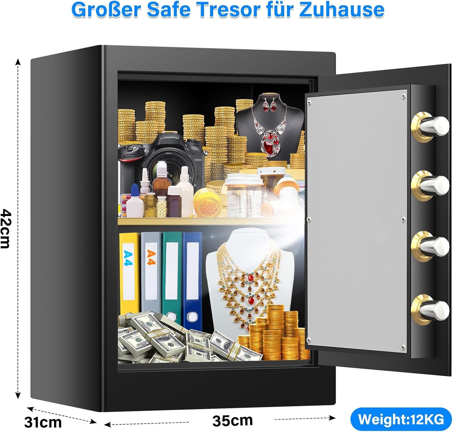 Grote vuurvaste kluis van 45 liter, met brandveilige documententas, digitale meubelkluis met 2 sleutels en uitneembaar rek, elektronische kluis voor DIN A4-ordners, contant geld, medicijnen