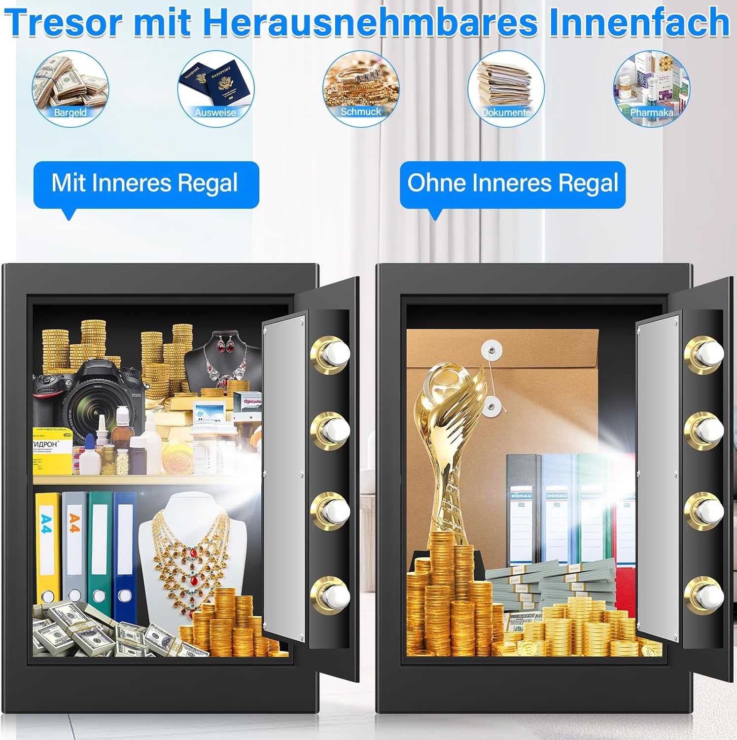 Grote vuurvaste kluis van 45 liter, met brandveilige documententas, digitale meubelkluis met 2 sleutels en uitneembaar rek, elektronische kluis voor DIN A4-ordners, contant geld, medicijnen