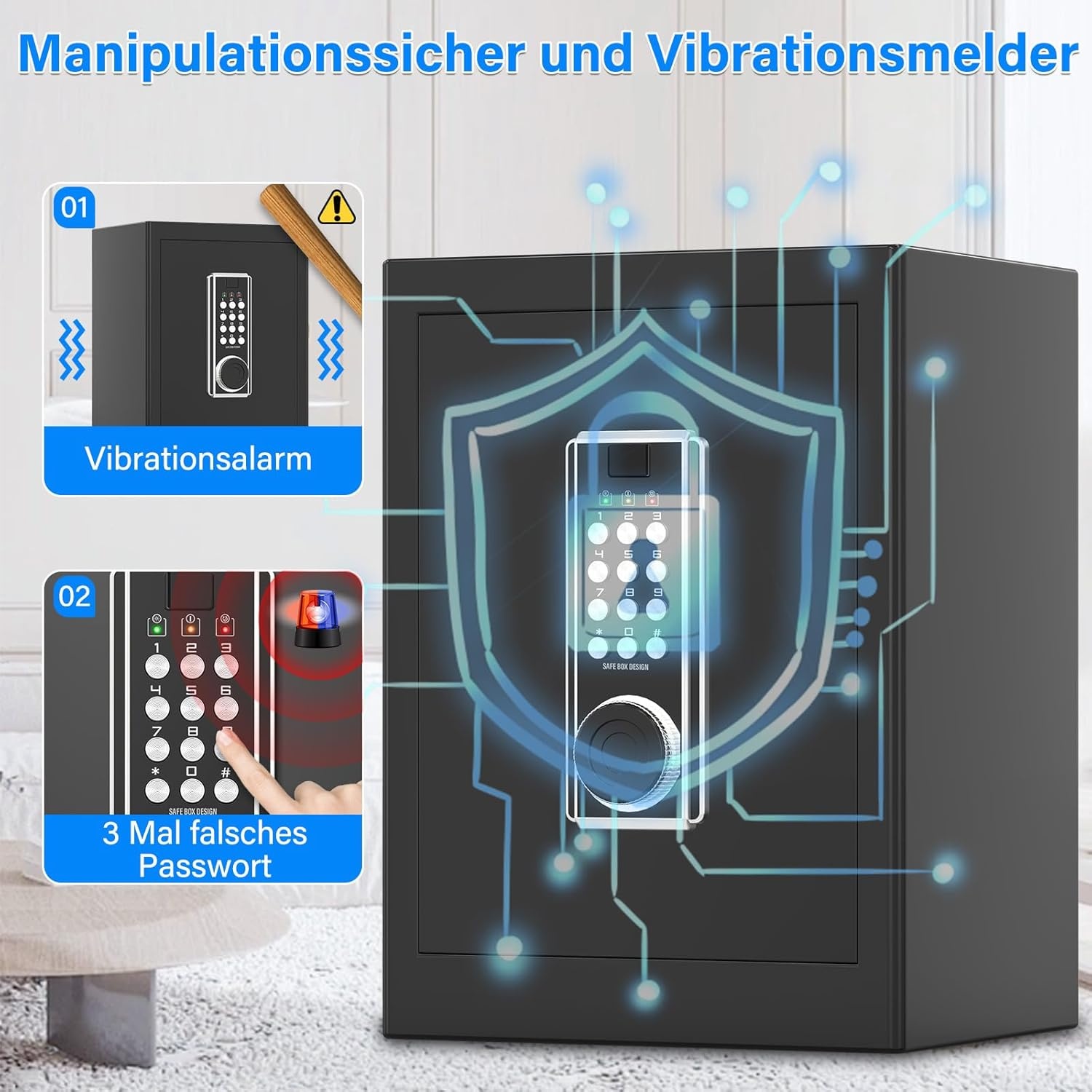 Grote vuurvaste kluis van 45 liter, met brandveilige documententas, digitale meubelkluis met 2 sleutels en uitneembaar rek, elektronische kluis voor DIN A4-ordners, contant geld, medicijnen