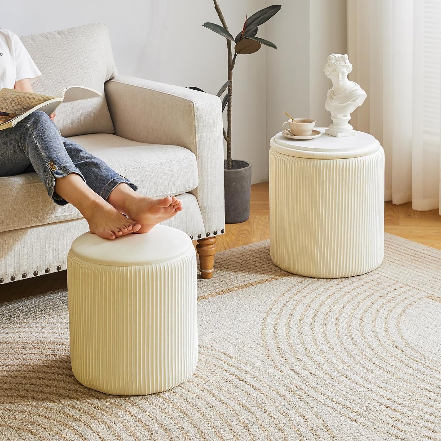 IBUYKE Set of 2 Round Ottoman with Storage, Velvet Vanity Stool for Makeup, Modern Padded Seat Coffee Table, Multipurpose Footrest Stool for Living Room & Bedroom, White WBD005W