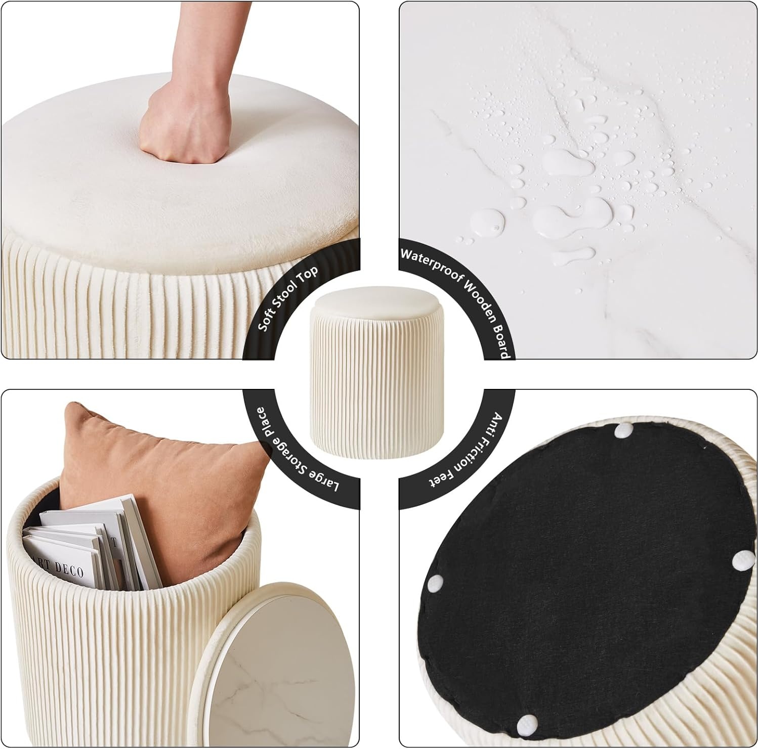 IBUYKE Set of 2 Round Ottoman with Storage, Velvet Vanity Stool for Makeup, Modern Padded Seat Coffee Table, Multipurpose Footrest Stool for Living Room & Bedroom, White WBD005W