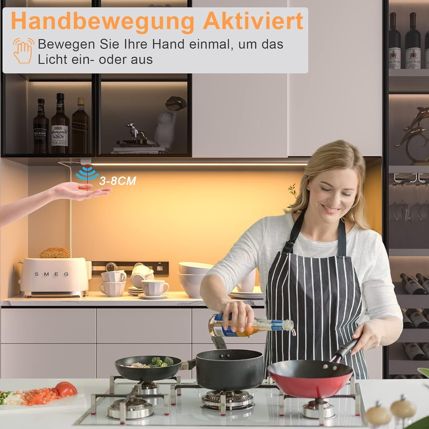 WOBANE LED Under-Unit Light Kitchen 60 cm Dimmable LED Cabinet Lighting with Sensor, Hand Motion Activated, Kitchen Light Under-Unit for Kitchen, Cupboard, Shelves, Showcases, Wardrobe, Bright Warm