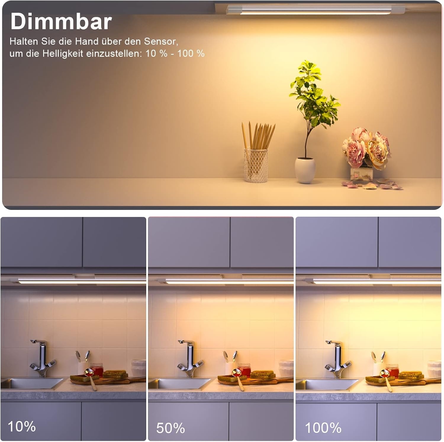 WOBANE LED Under-Unit Light Kitchen 60 cm Dimmable LED Cabinet Lighting with Sensor, Hand Motion Activated, Kitchen Light Under-Unit for Kitchen, Cupboard, Shelves, Showcases, Wardrobe, Bright Warm