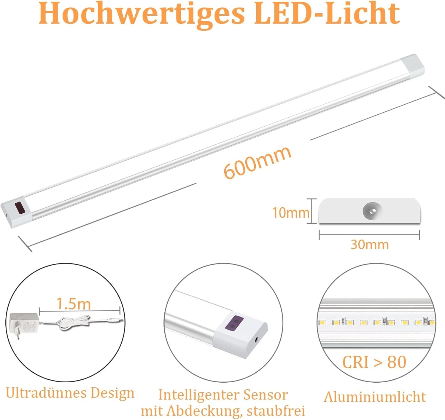 WOBANE LED Under-Unit Light Kitchen 60 cm Dimmable LED Cabinet Lighting with Sensor, Hand Motion Activated, Kitchen Light Under-Unit for Kitchen, Cupboard, Shelves, Showcases, Wardrobe, Bright Warm