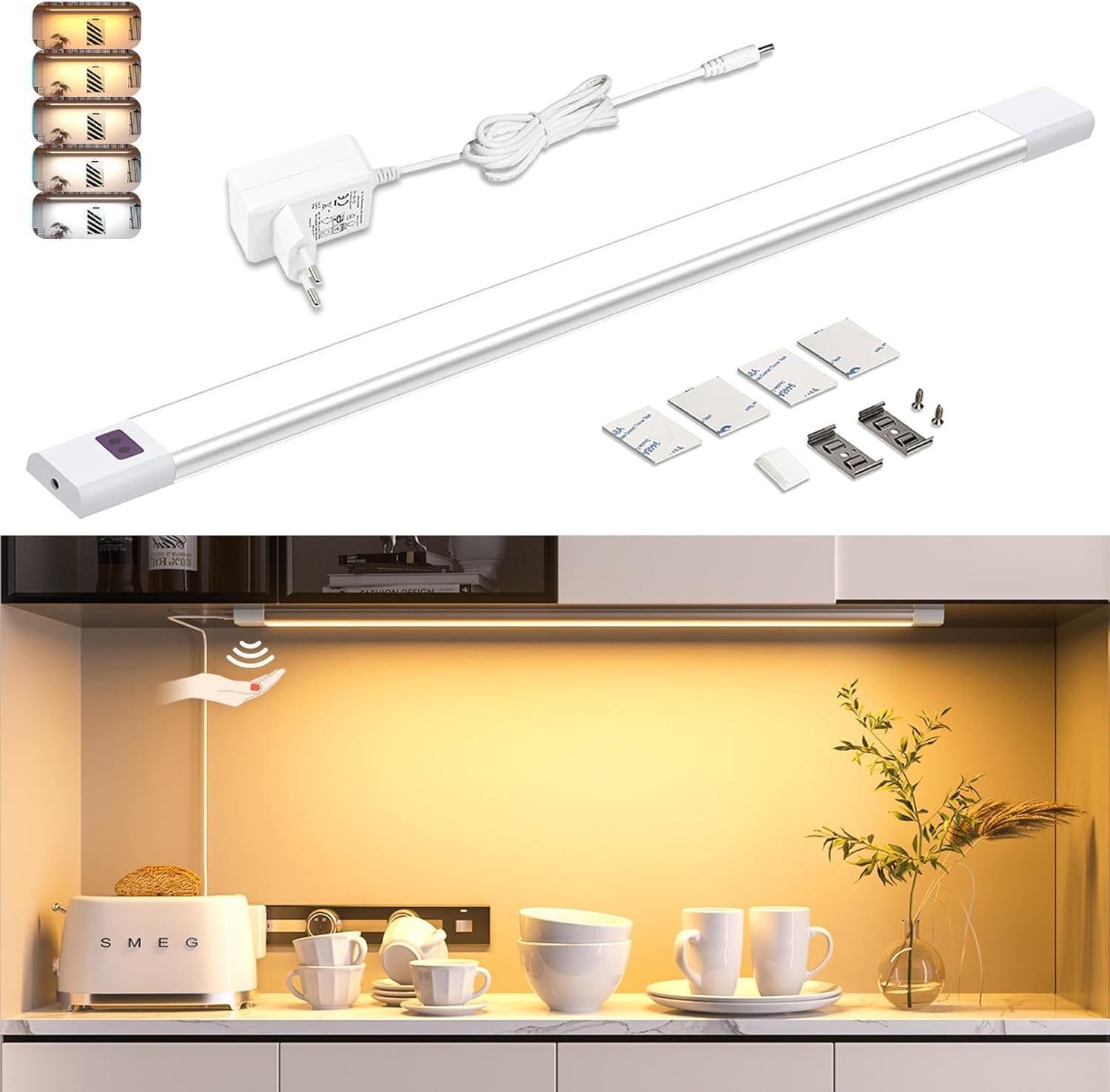 WOBANE LED Under-Unit Light Kitchen 60 cm Dimmable LED Cabinet Lighting with Sensor, Hand Motion Activated, Kitchen Light Under-Unit for Kitchen, Cupboard, Shelves, Showcases, Wardrobe, Bright Warm