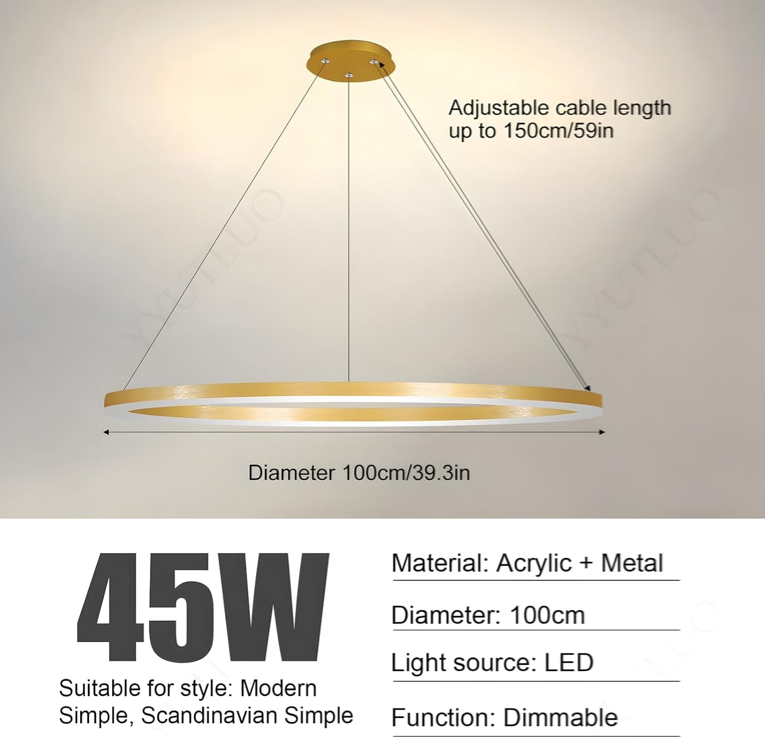 Modern DIY Circle LED Chandelier | 1 Gold Rings:100cm=45W | Metal + Acrylic LED Pendant Lamp | 2.4G Dimmable Remote Control | Round Ceiling Pendant Light Living Room Bedroom Dining Room Kitchen
