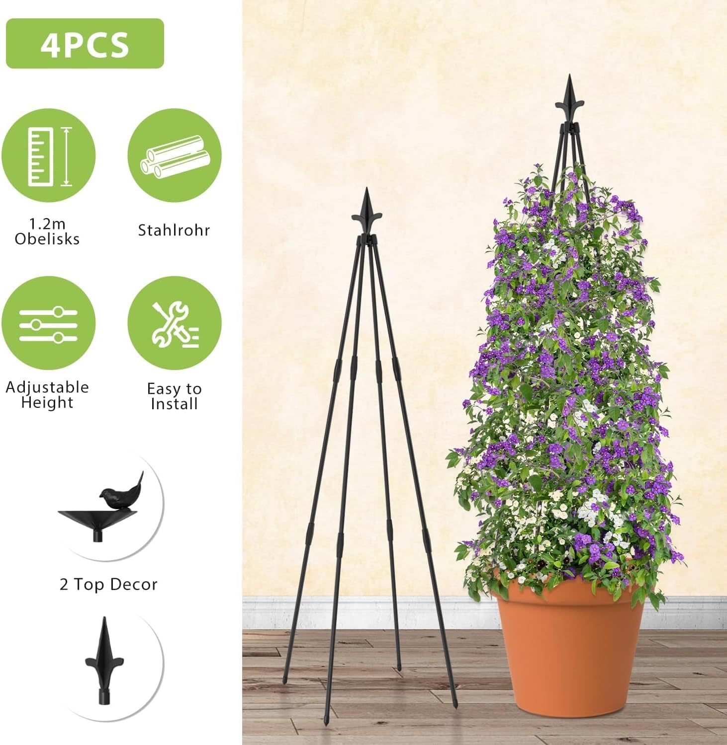 Garten Obelisk Plant Trellis - 4 stuks tuinobelisken set klimhulp voor klimplanten, metalen tuin rankrooster voor openbare plaatsen en particuliere binnenplaatsen